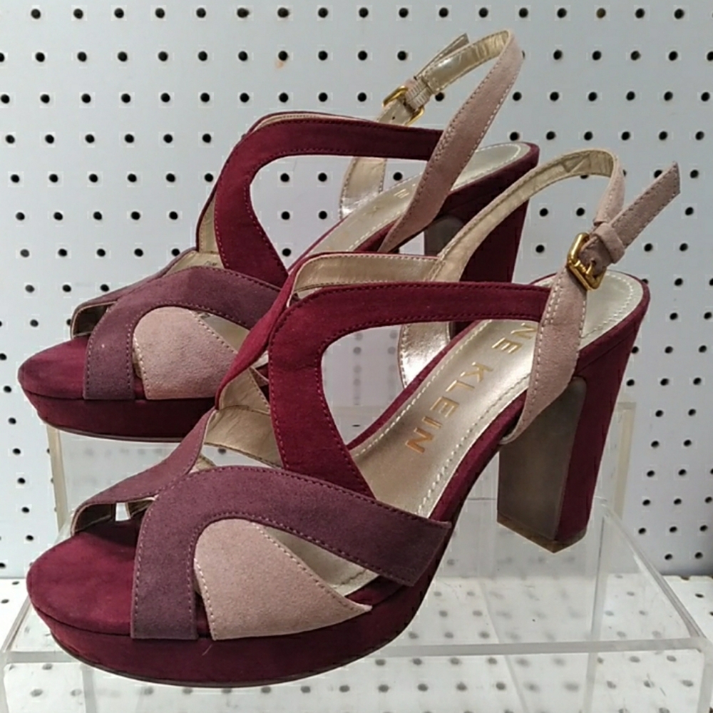 Anne Klein | Burgundy Sandals| Women Suede Strap Block Chunky Platform Heel Pump